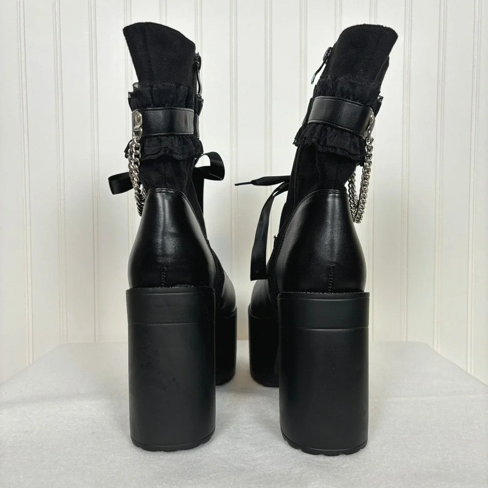 Hot Topic Black Ruffle Chain Platform Boots size 11 Gothic Punk Whimsigoth Rock